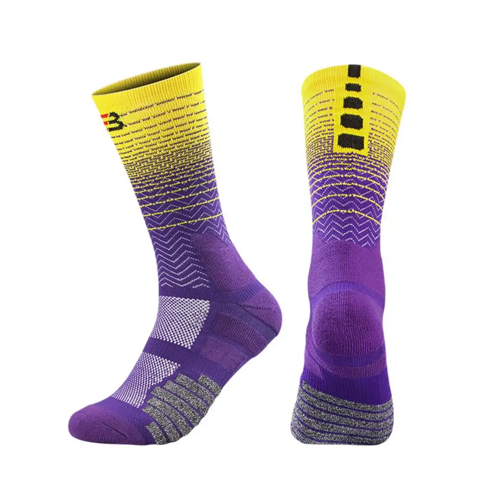 

1 Pair Wear-resistant Cycling Socks Good Elasticity Calf Length Gradient Socks Thickened Terry Bottom High Socks