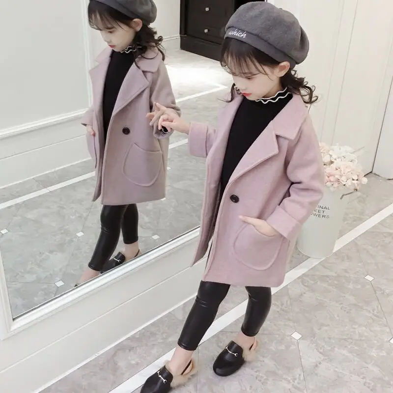 

Winter Solid Coat 2022 Girls' Wool Single Breasted Girls' Windbreaker Lapel Autumn Children's Coat Wool Coat Girls Coats