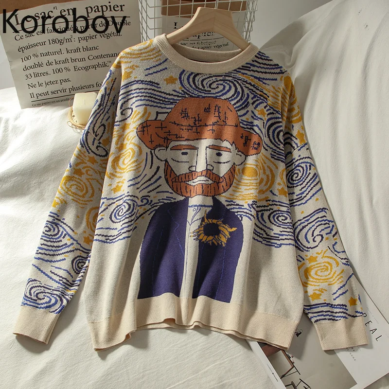 

Korobov Harajuku Cartoon Women Sweaters Vintage O Neck Long Sleeve Female Pullovers 2023 Autumn New Chic Streetwear Sueter Mujer