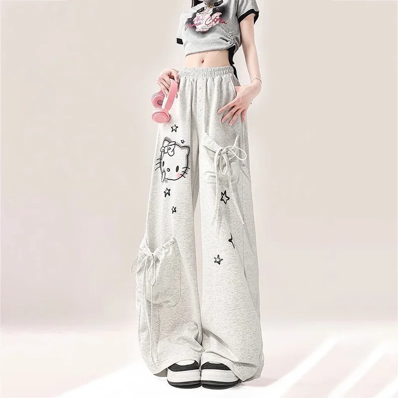 Милые брюки Hello Kitty Y2k кавайные широкие свободные с большими карманами и граффити