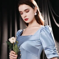 vestidos de fiesta blue satin prom dresses a line square collar sequin glitter draped shirt open back floor length evening gown