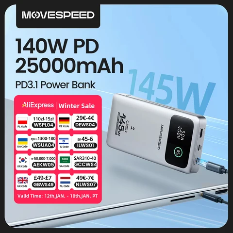 MOVESPEED M25 Pro 140 Вт Power Bank 25000 мАч PD3.1 USB-C Powerbank с быстрой зарядкой Портативный внешний аккумулятор для ноутбука MacBook Dell