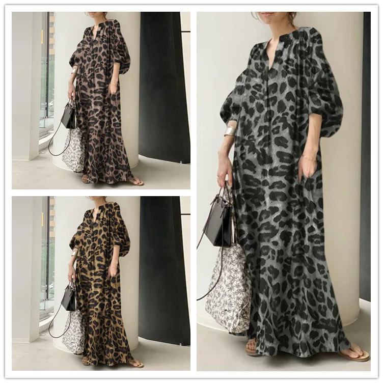 

2023 new temperament leopard print stand collar bubble sleeves fashion loose casual Bohemian shirt dress