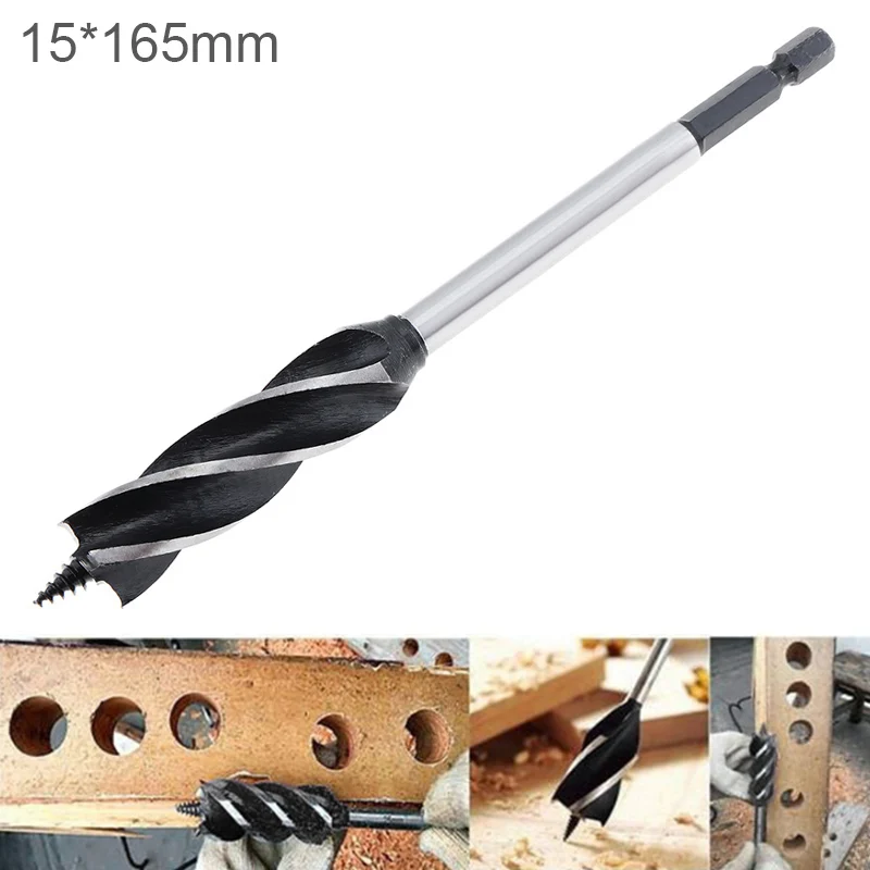 

1PC 15x165mm Four-slot Woodworking Drill Bit Hole Drilling Tools with Center Drill Head 1/4'' Hex Shank for Woodworking Opening