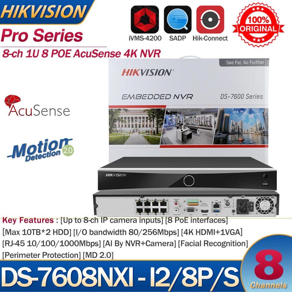 

Hikvision NVR 8-ch 1U 8 POE AcuSense 4K DS-7608NXI-I2/8 P/S 8-канальные входы для камеры, сетевой видеорегистратор с поддержкой третьей-зеркальной камеры