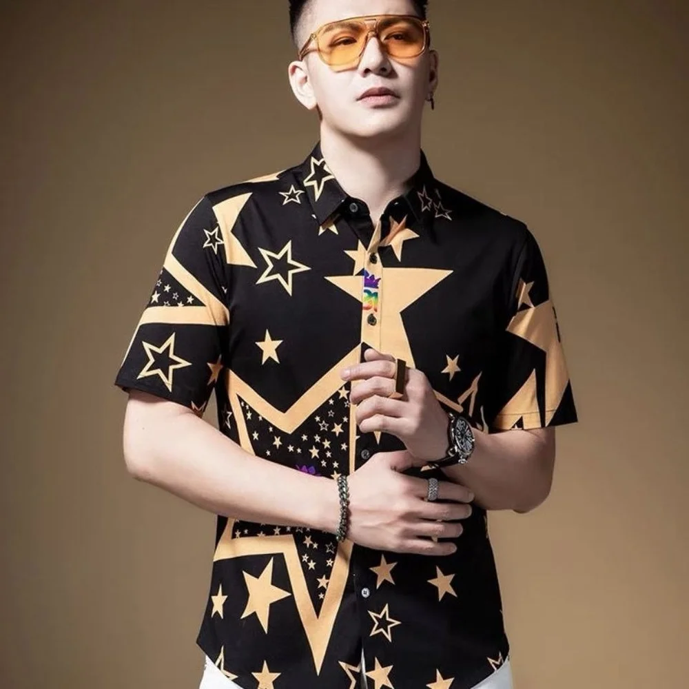 

Men's Five-pointed Star Print Short-sleeved Shirt, Hong Kong Style Casual Men's Shirt, Men Fashion Clothing Trends Summer Shirts