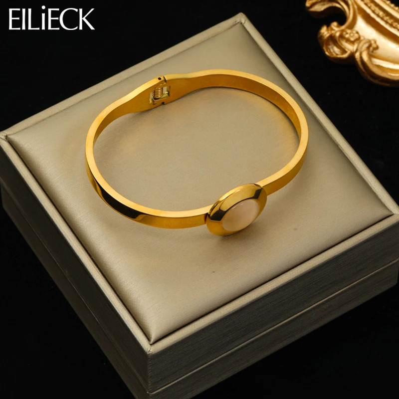 

Большие браслеты EILIECK из нержавеющей стали 316L с белыми круглыми камнями, браслет для женщин и девушек, модные аксессуары для подарка