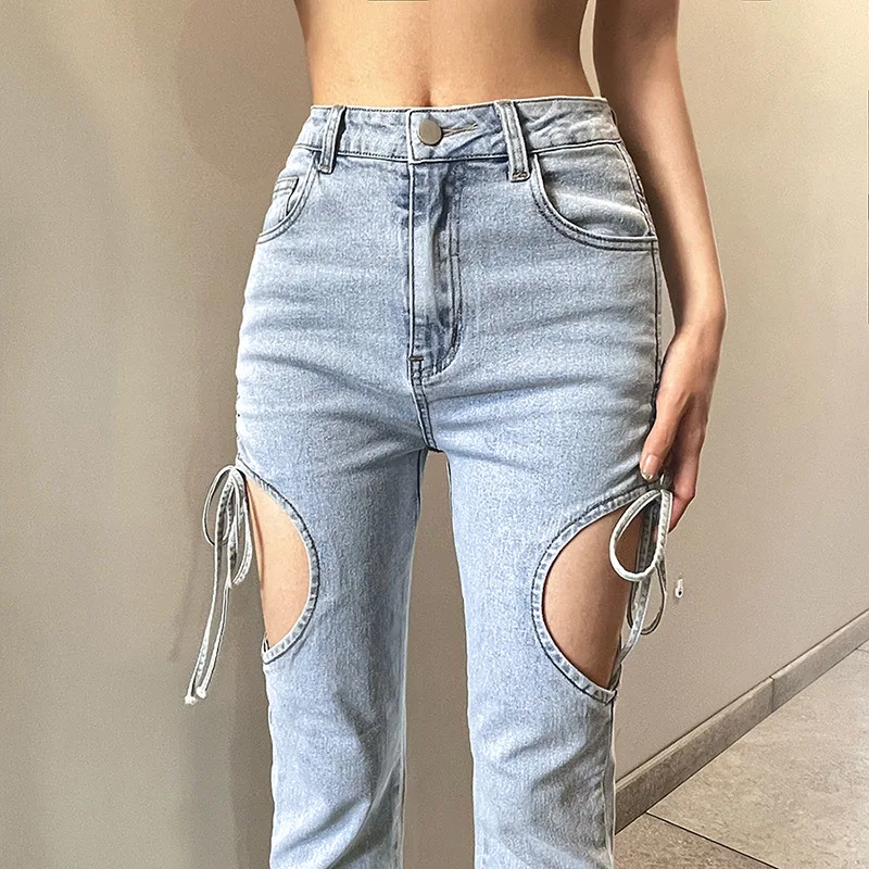 KoHuiJoo Hole jeans For Women 2022 Spring Summer Woman Slim Hollow Out Lace Up High Waist Slim Denim Pants Floor Length Trousers