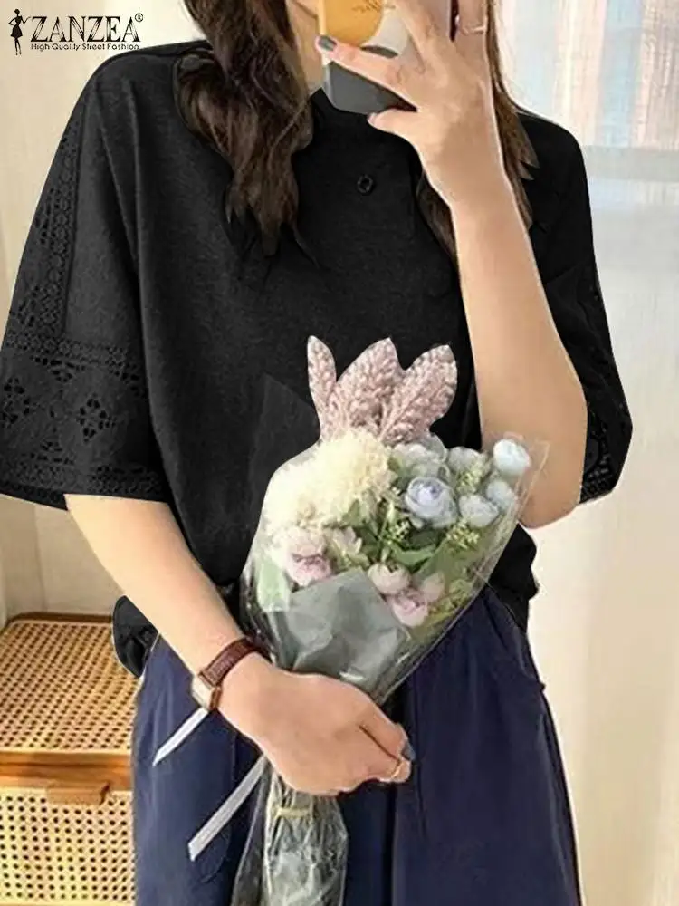 

Рубашка ZANZEA с круглым вырезом и рукавом до локтя, женская летняя кружевная блузка в стиле пэчворк, Модные Элегантные повседневные свободные...