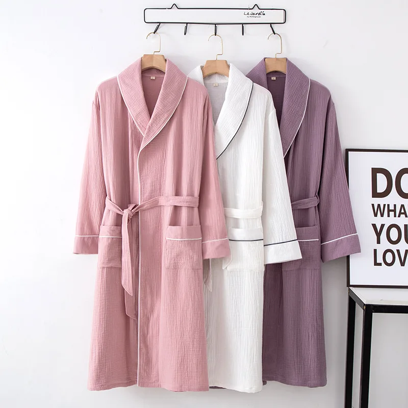 

Home Hotel Women Bathrobe Cotton Crepe Thin Section Ladies Nightgown Spring Autumn Long Section Absorbent Robe with Belt
