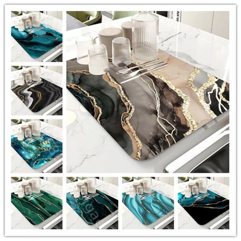 

Abstract Marble Pattern Print Drain Pad Kitchen Dish Drying Mat Tableware Anti-slip Super Absorbent Living Room Coffee Tablemat