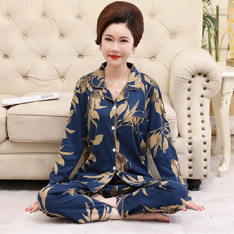 Fdfklak Middle Aged Mother Sleepwear Pajamas Set New Printed Spring Autumn Nightwear Home Clothes Long Sleeve Pijama Women M-4XL