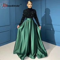 elegant muslim evening night dress for women 2022 long sleeves high neck aline sequin velvet formal prom wedding party gowns