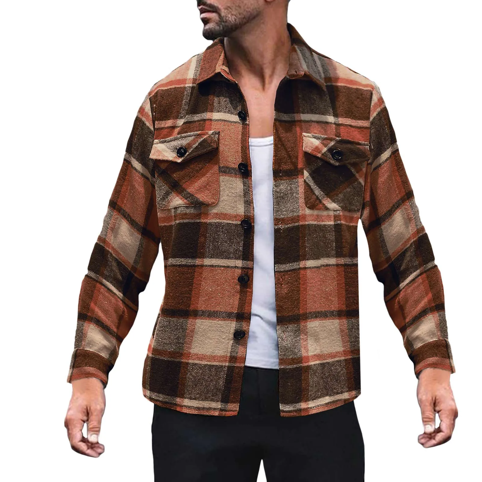 

Mens Plaid Vintage Shirt Top Oversize Color-Matching Button Cardigan Coat Double Pocket Long-Sleeve Blouse Autumn Spring Tunic