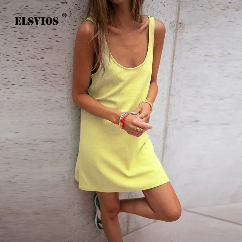 

Женское летнее платье без рукавов, свободное однотонное короткое пляжное платье на бретельках, лето 2023