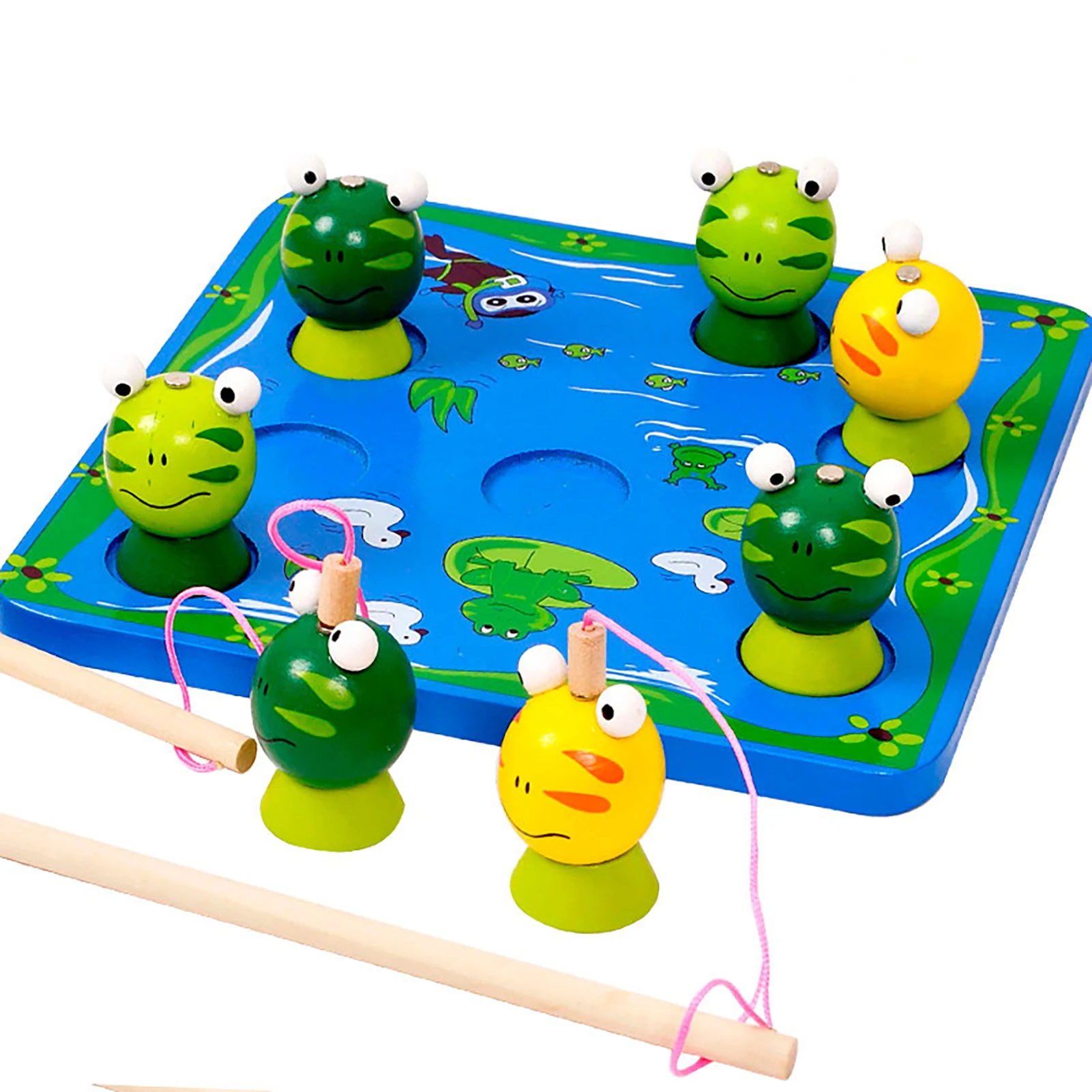 

Wooden Magnetic Fishing Game Montessori Toys With 2 Magnet Poles Rod And 7 Frogs Parent-child Interactive Games For Toddlers