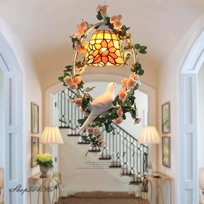 Turkish Flower Bird Light Pendant Tiffany Hanging Lamp for Living Room Modern Light Fixture Home Deco Wreath Lamp Pendant Light