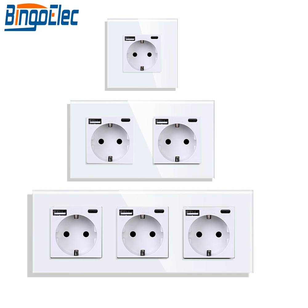 

USB Wall Socket EU Power Plug Type-C Charger Plug Wall Outlet 16A 3100ma Electrical Sockets AC100-250V Tempered Crystal Glass