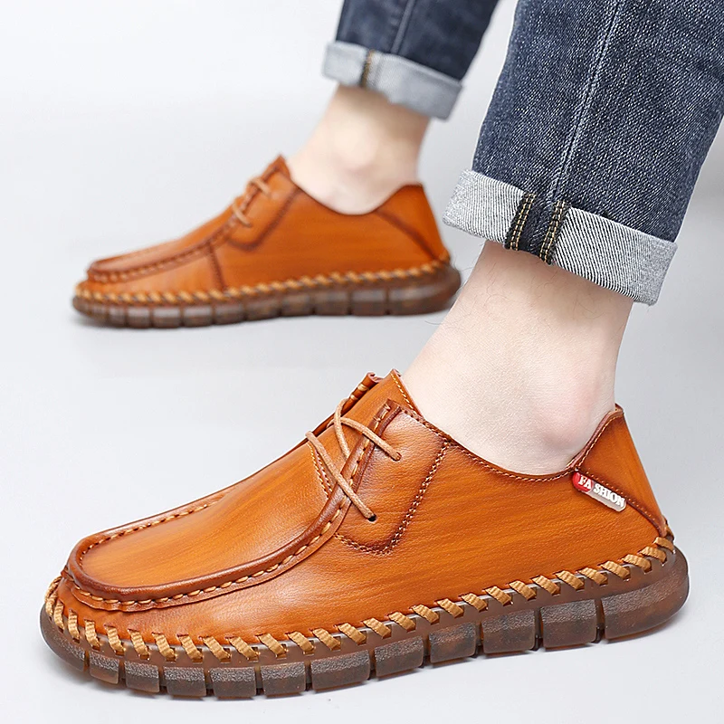 

Foreign Trade Large-sized Hand Sewn Casual Shoes for Men's Summer Business Leather Lace Up Soft Leather Shoes with Soft Soles