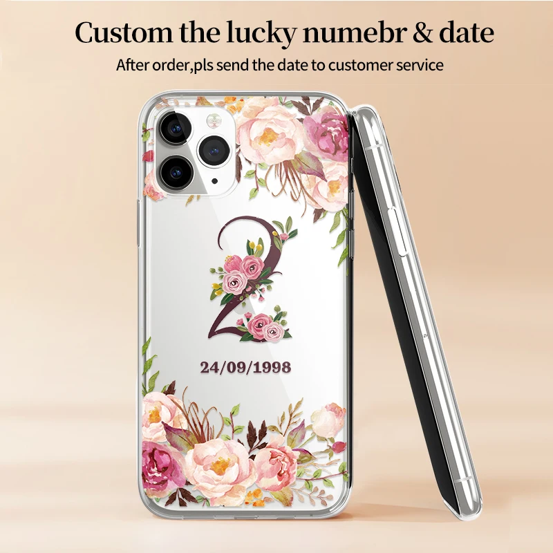 

Custom Your Lucky Number With Date Literary Flower Phone Case For iPhone 14 14Pro 14Plus 13Promax 13 Personalization TPU Cover