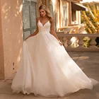 Трапециевидные Свадебные платья на бретелях-спагетти 2022, с V-образным вырезом, открытыми плечами, длина в пол, тюль, блестящая Кружевная аппликация