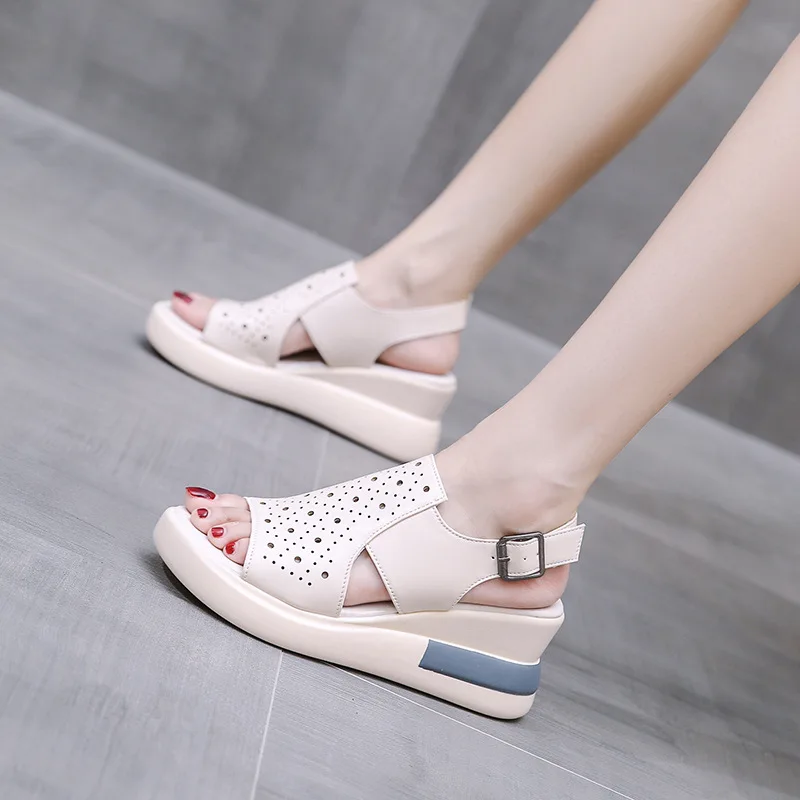 

Summer Wedge Shoes for Women Sandals Pu Leather Hollow-Out Comfort Lady Platform Roma Shoes Buckle Strap Casual Sandalias Mujer