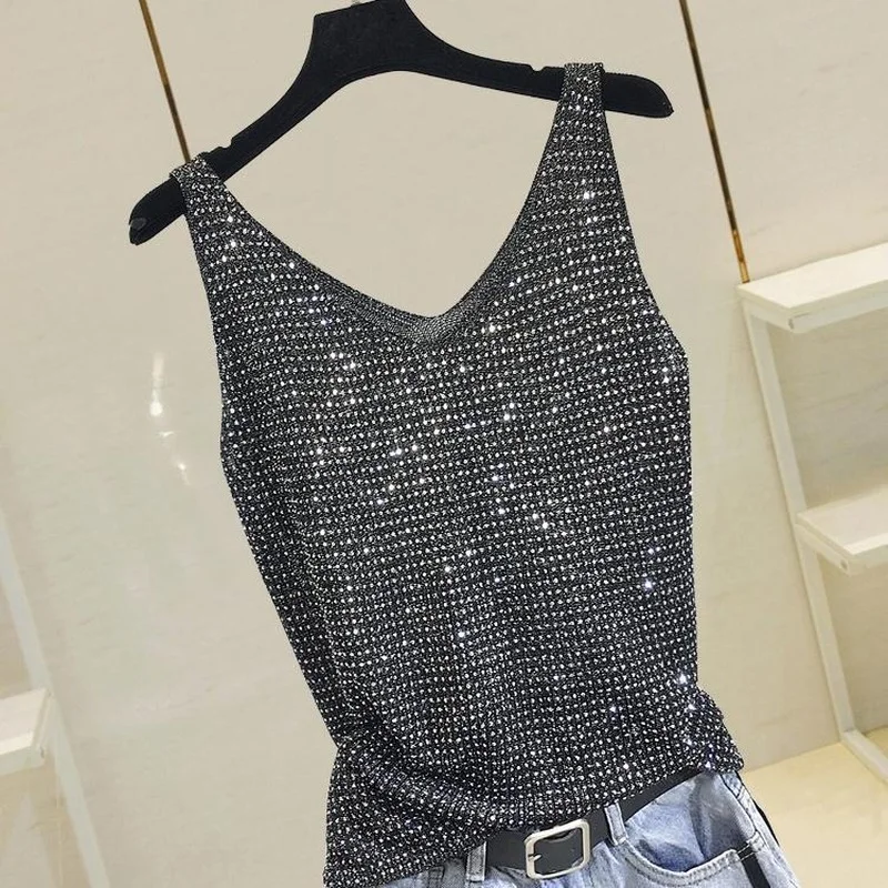 

Beaded Chiffon Women Camisole Summer New Design 2022 V-Neck Sleeveless Solid Sexy Female Pulls Tops Tees