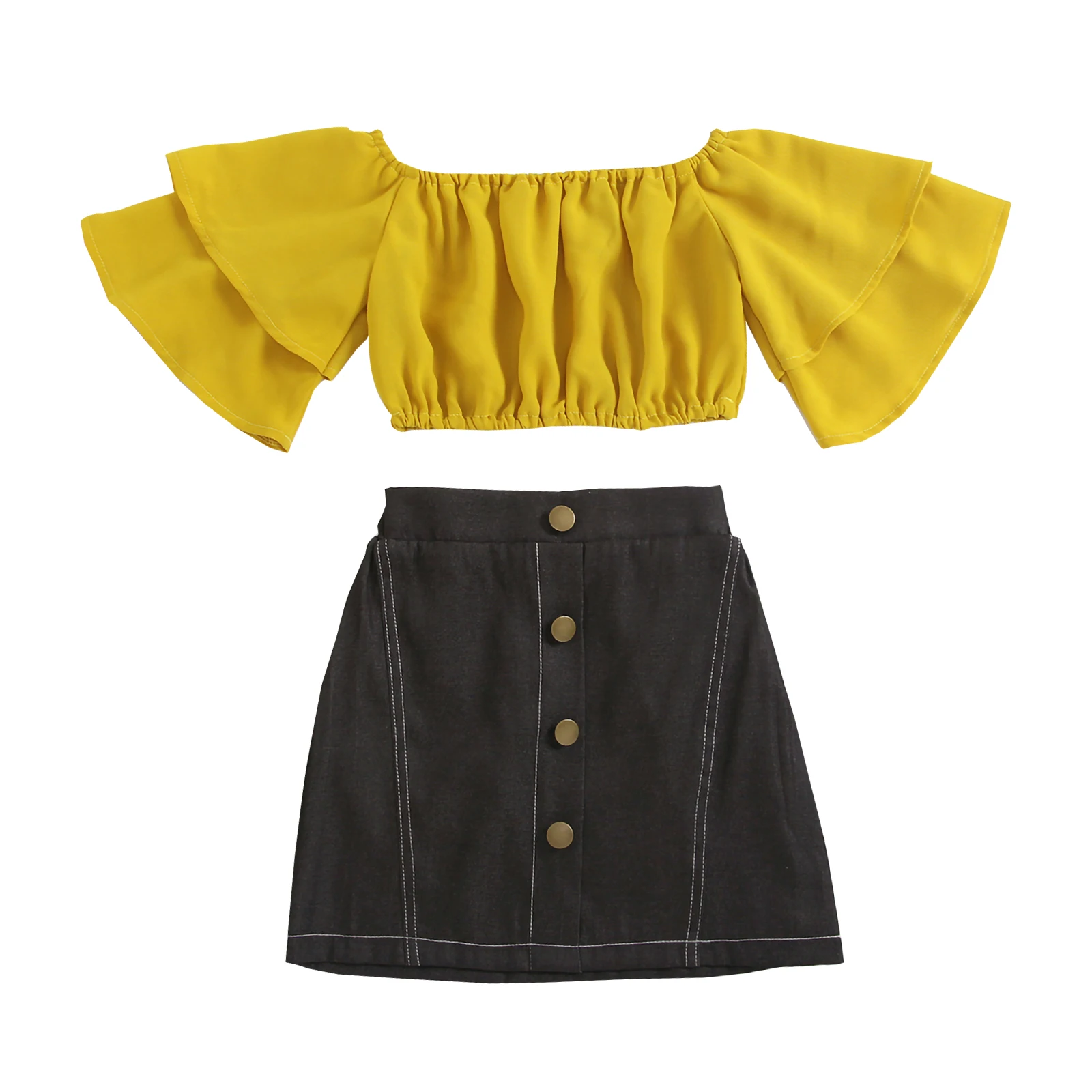 

Комплект летней одежды Lioraitiin для девочек 0-7 лет, однотонная желтая рубашка с коротким рукавом, черная трапециевидная юбка, комплект из 2 предметов, 2022-04-01