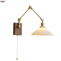 iwhd nordic modern copper wall lamp beside pull chain switch walnut 4w led bulb ceramic lampshade applique murale wandlamp