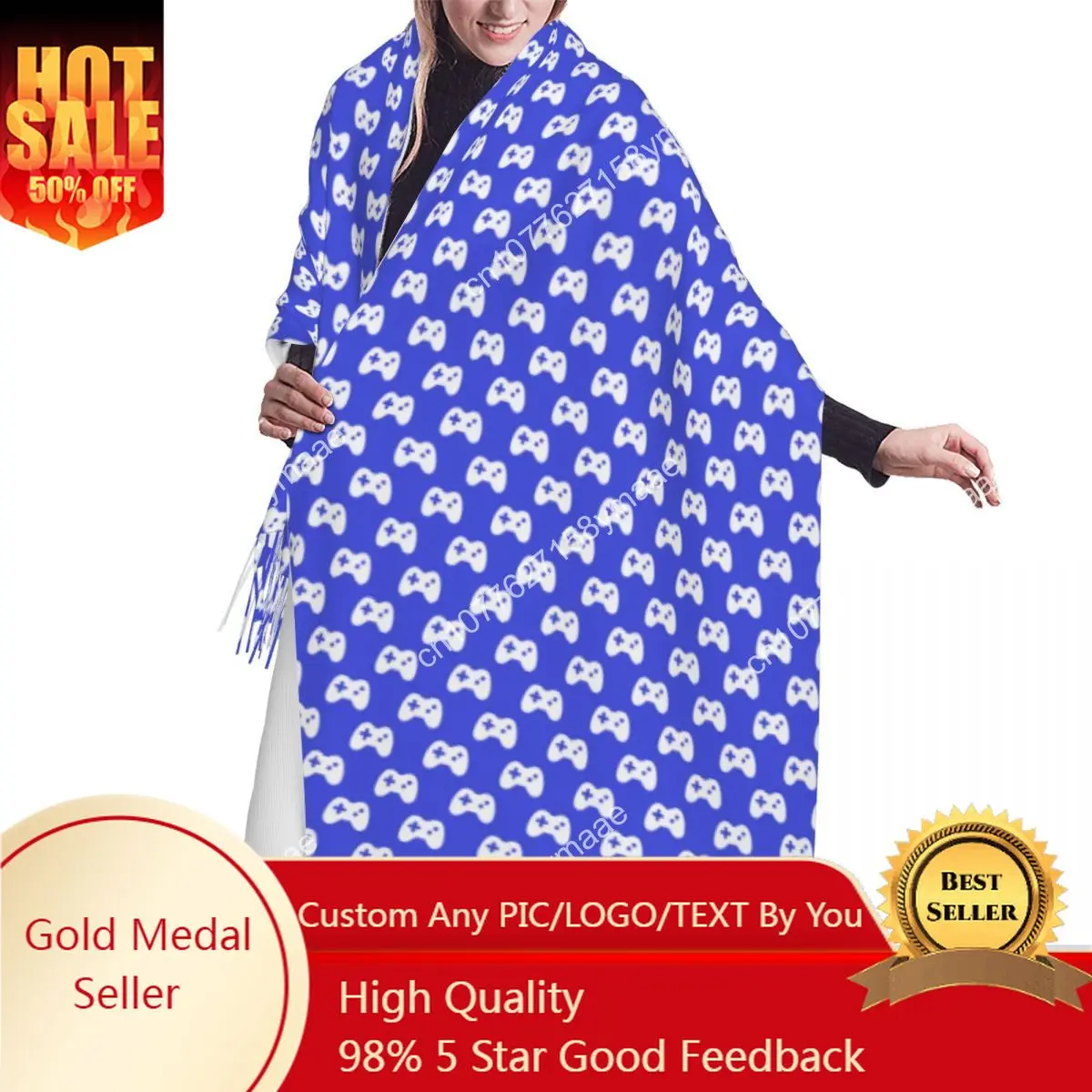 

Custom Female Long Moving Sonics Shadow Pattern Scarves Women Winter Soft Warm Tassel Shawl Wraps Versatile Female Scarf