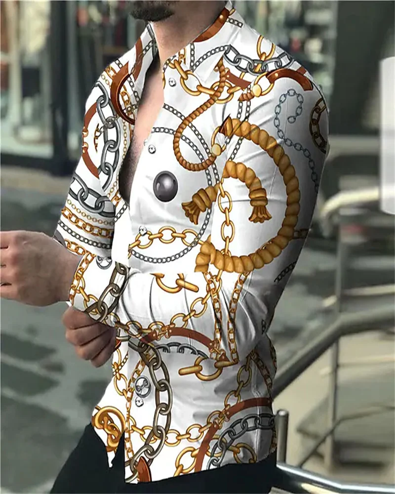 

Shirt Designer Men Chain Print Cut White Long Sleeve 3D Print Outdoor Street Button Print Top Fashion Casual Breathable 6XL