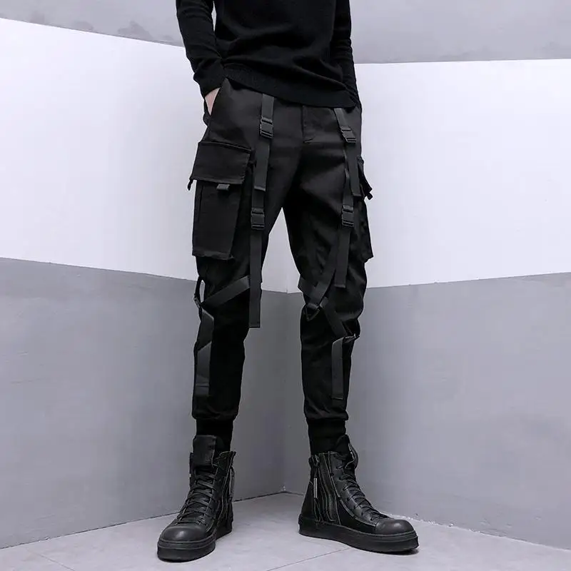 

Брюки-карго мужские в японском стиле Харадзюку, штаны в стиле хип-хоп, модная уличная одежда для Techwear, с ленточным карманом, черные