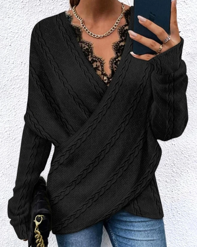 

Fashion Women Blouse New 2023 Autumn Clothes Long Sleeve V-Neck Lace Trim Overlap Textured Top Casual Versatile Tee Pullovre