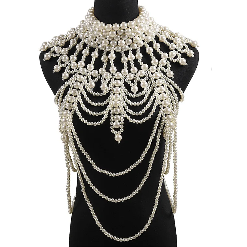 

Exaggerated atmosphere: imitation pearl shawl necklace, Vintage Hand Beaded Necklace, dress accessories necklace, body chain