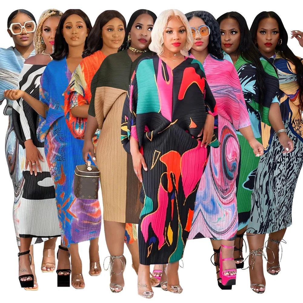

Women Fall 2023 New V Neck Bat Sleeve Print Dress Maxi Dresses For Summer Boho Long Casual Frocks Vintage Polyester Spandex