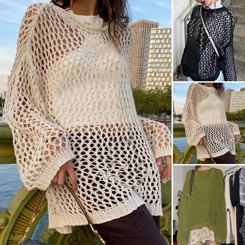 

Chic Beach Cover-up Knitted Pullover Autumn Blouse Pure Color See-through Women Sweater
