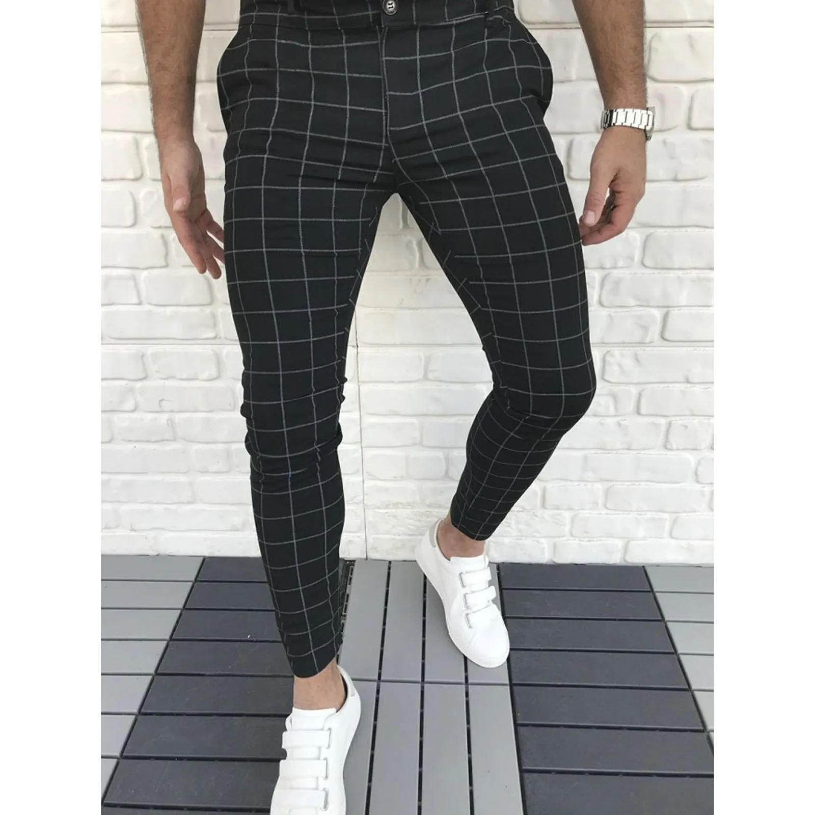 

Fashion Men Casual Slim Fit Plaid Print Zipper Long Pants Trousers