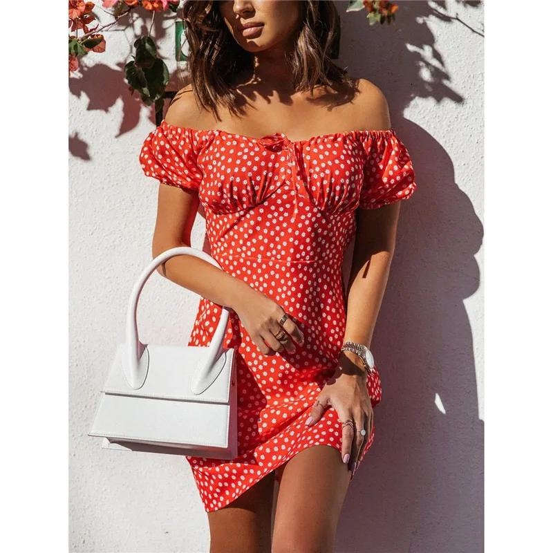 

Elegant Floral Print Dress for Women Summer Dresses 2022 New Slash Neck Tube Sexy Off-Shoulder Short Puff Sleeve Mini Dress