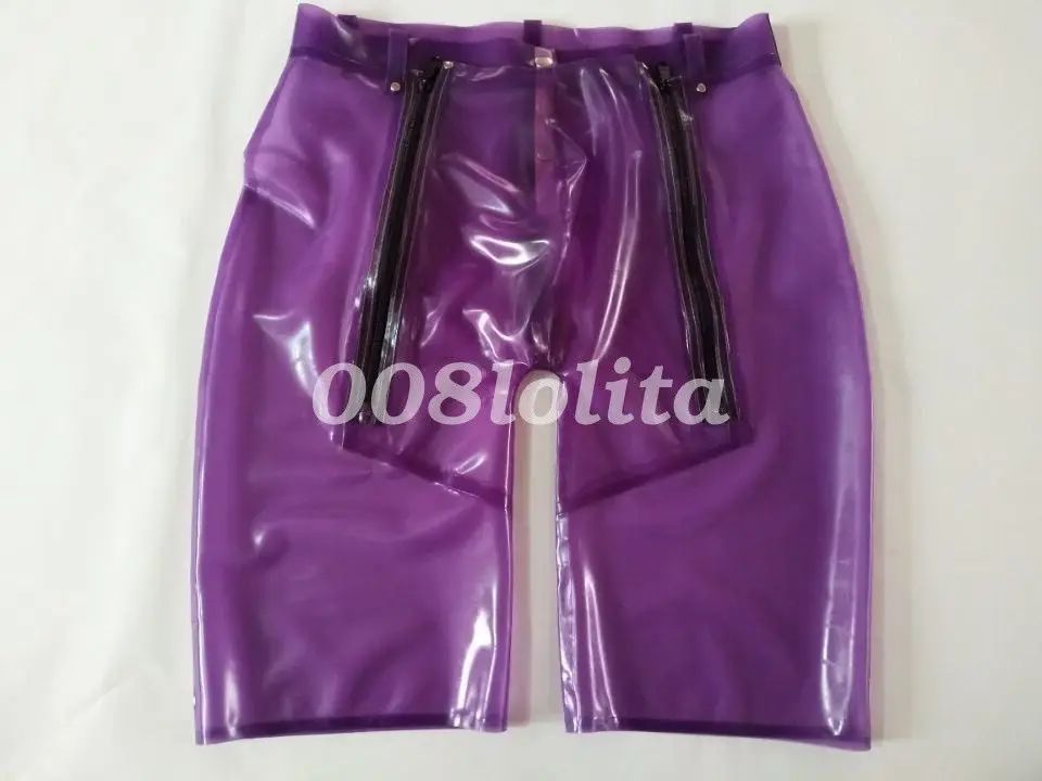 

100% Latex Rubber Sexy Shorts Briefs Three Zipper Purple Shorts 0.4mm size S-XXL