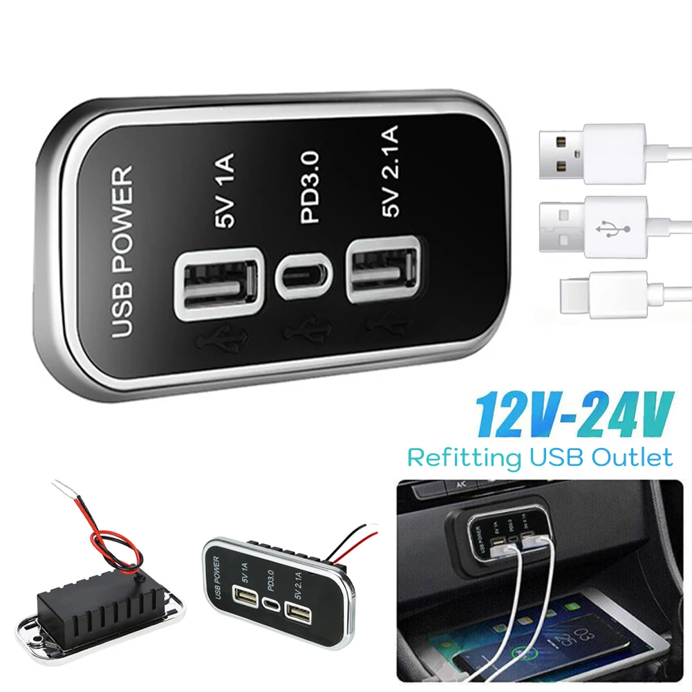 

3 Ports 24W PD Type-C 2.1A 1A USB Car Charger Socket 12/24V for Motorcycle Auto Truck ATV Boat RV Bus Power Adapter Outlet