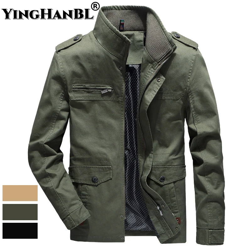 

Men's New Casual Bomber jacket Solid color multi-pocket Spring Fall windbreaker Male coat washed pure cotton Streetwear outdoor