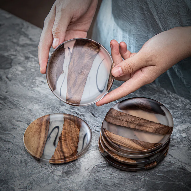 

Walnut Wood Resin Ink Coaster Wooden Tea Coffee Table Insulation Pad Simple Cup Holder Creative Gasket Japanese Style Household