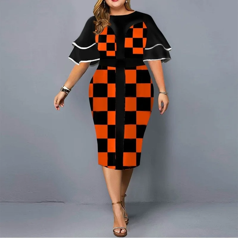 Plus Size 2022 Digital Printed Plaid Packed Hip Dress Lotus Leaf Sleeve Printed Dress