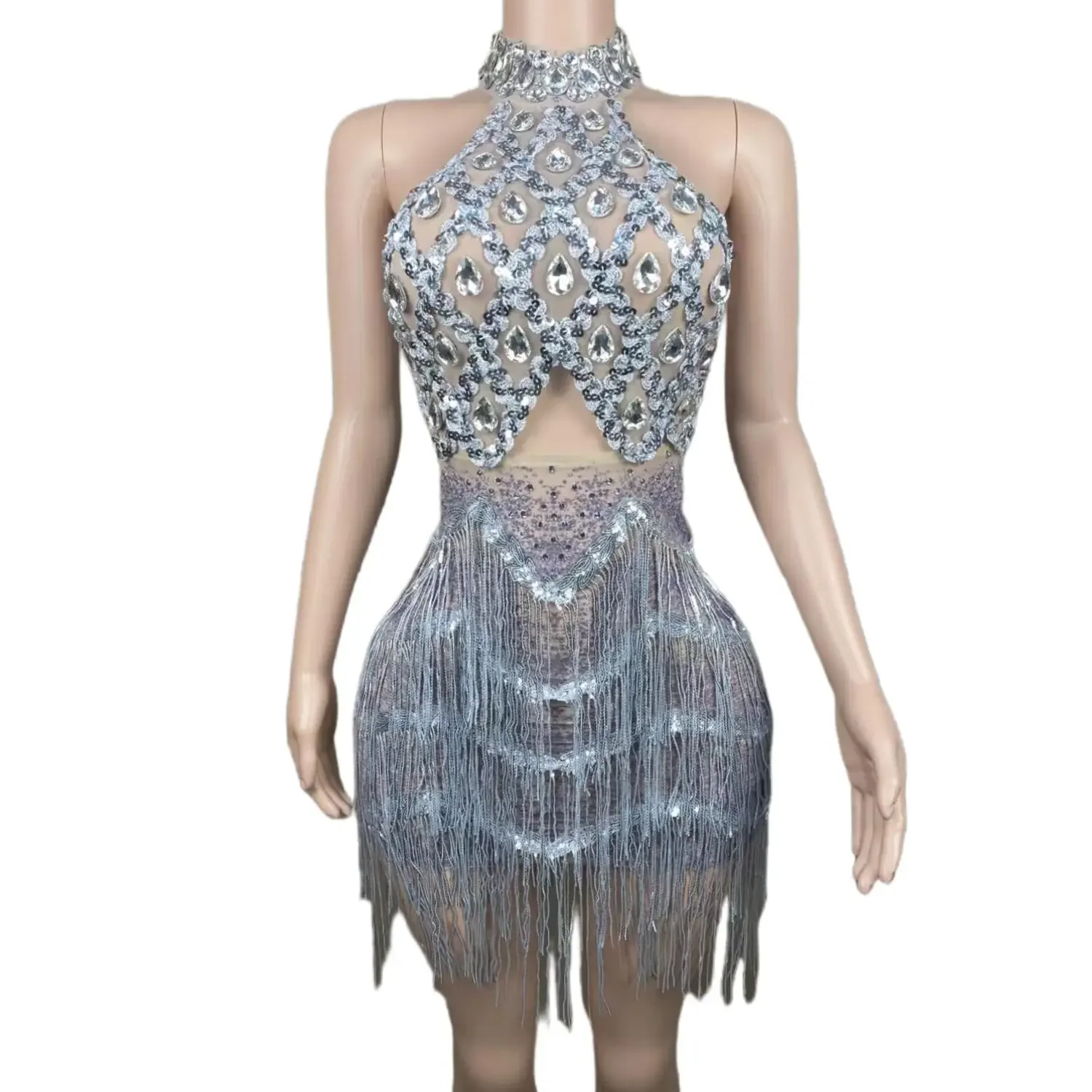 Роскошные сексуальные прозрачные платья с лямкой на шее серебряные бусины и