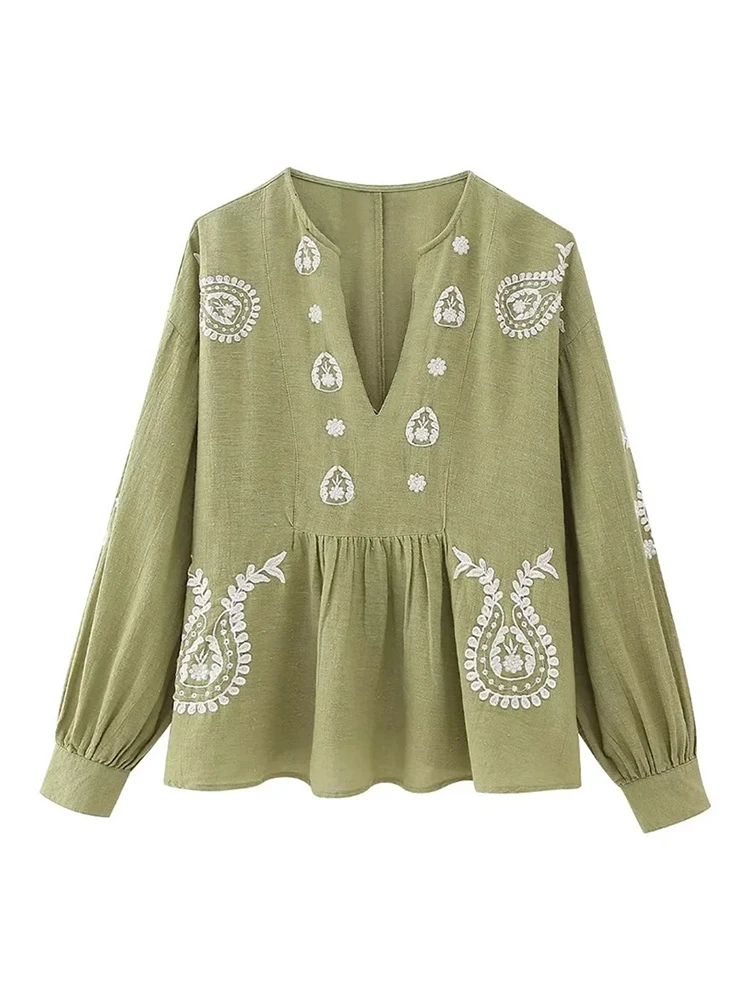 

Chic Ladies Elegant Flower Print Embroidery Green Loose Blouse Womens Summer Casual V-Neck Long Sleeve Cotton Blending Tops