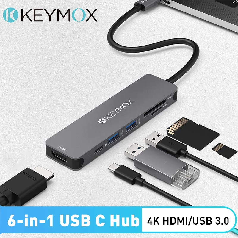 

6 in 1 Hub 3.0 USB C to 4K HDMI 100W PD 2 USB 2.0 Ports SD Card Reader KEYMOX Multiport Adaptor Dongle Laptop Dock USB Splitter