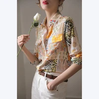 vintage printed lapel button pockets floral shirt 2022 autumn new loose korean womens clothing long sleeve commute blouses