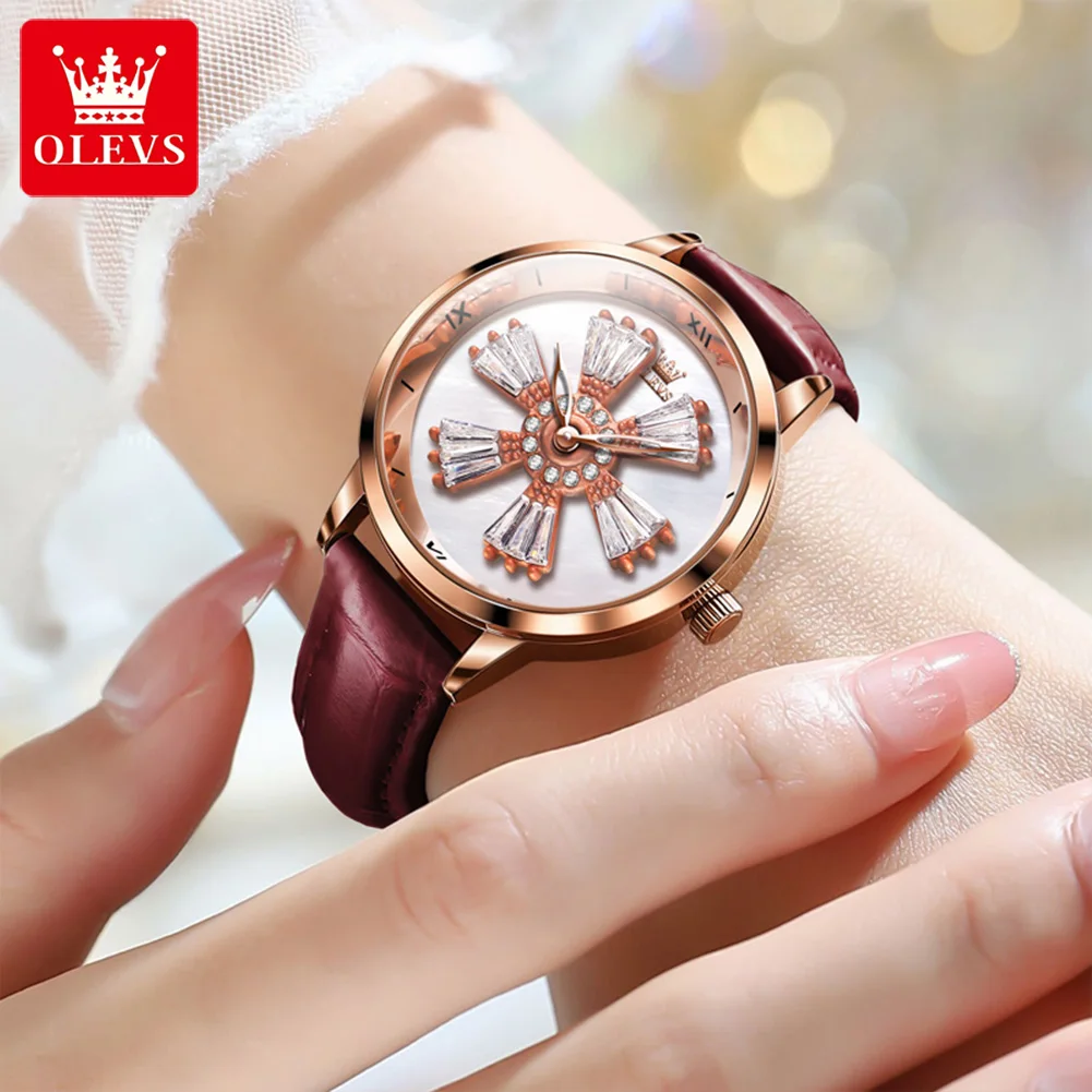 OLEVS 2023 New Fashion Leather Quartz Watches for Women Luxury Crystal Dial Can Be Rotated Ladies Watches Relogio Feminino