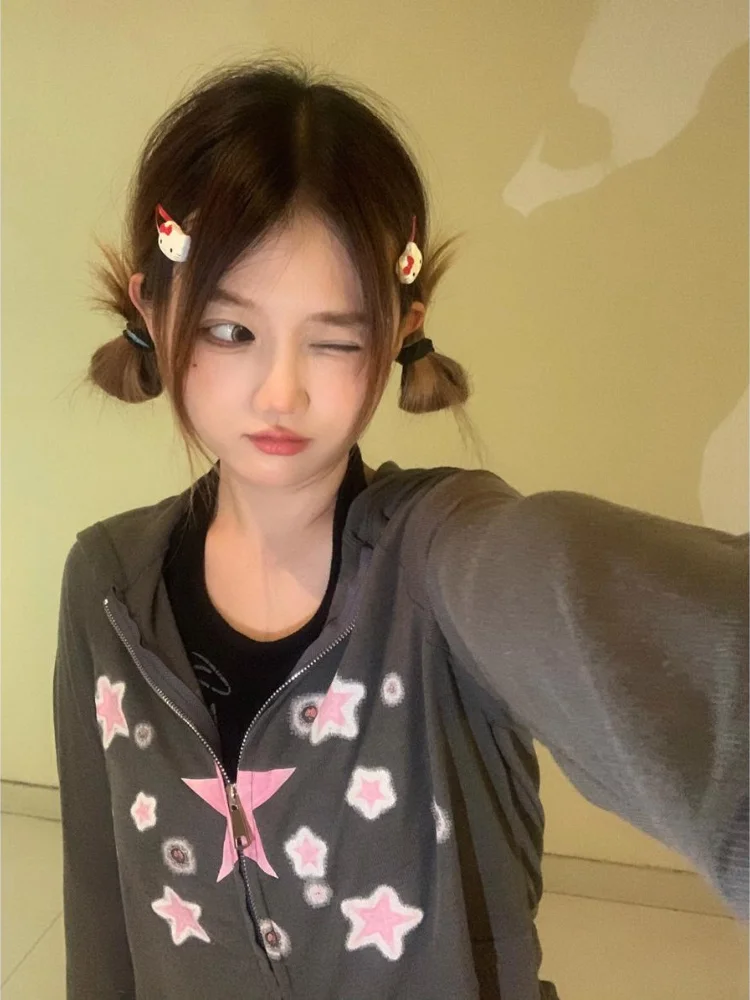 

Женская укороченная толстовка с капюшоном Y2k, Повседневная тонкая женская куртка в готическом стиле с принтом звезд, на молнии