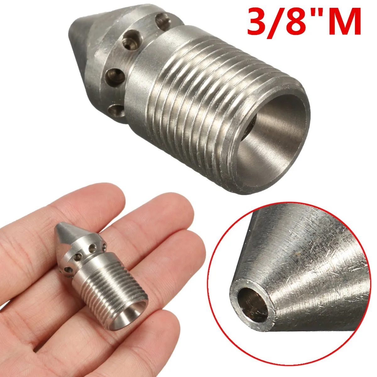 

Sewer Cleaning Nozzle 9 Jet 3/8" Male 4.5mm Rotary Pressure Washer Drain Cleaning Nozzle 1 Forward 8 Rear Stainless Steel 303